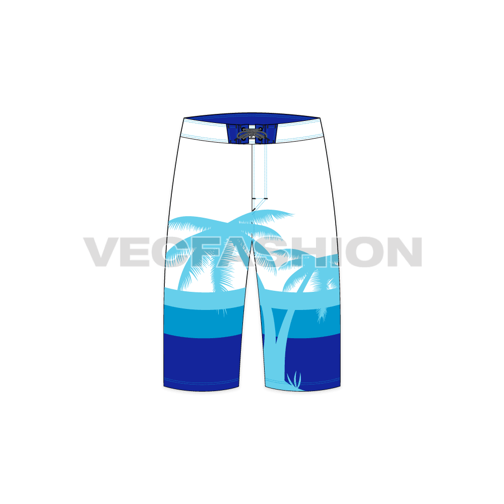Mens beach board shorts flat sketch, front view