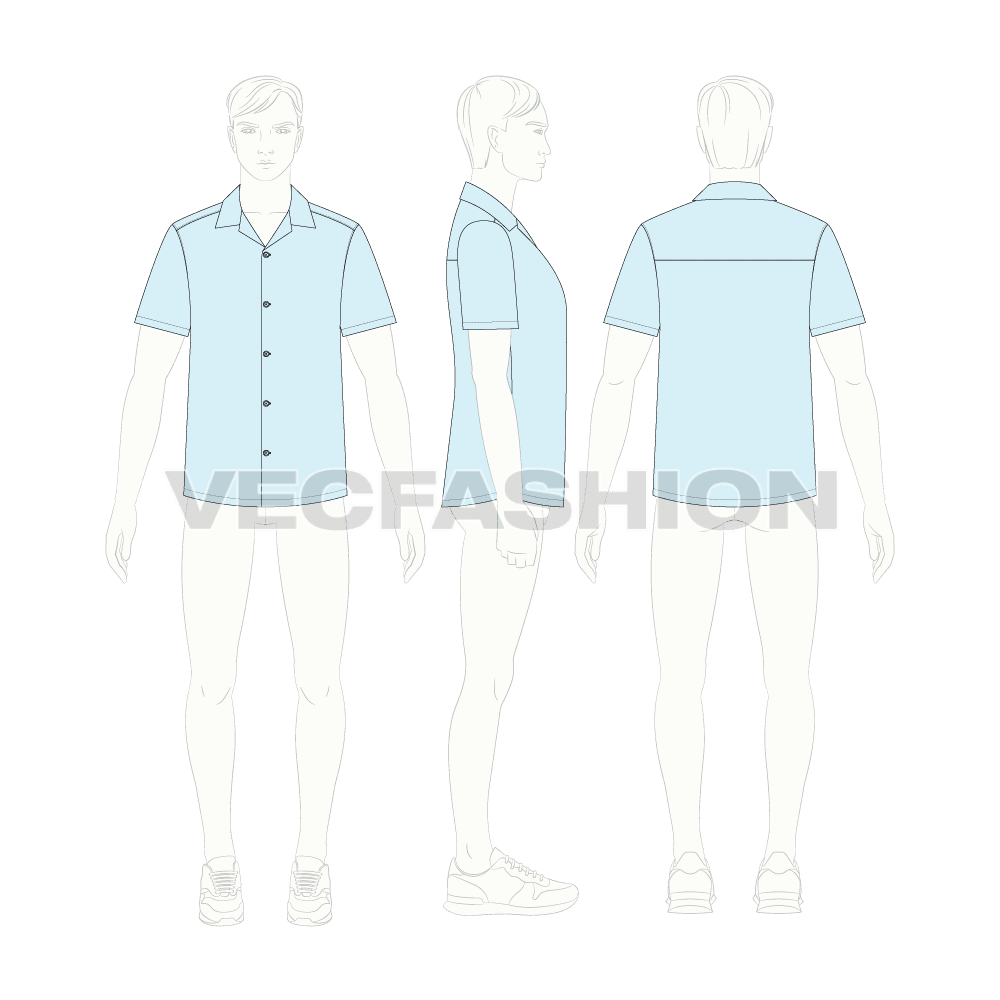 Mens beach shirt flat sketch, croqui sketch