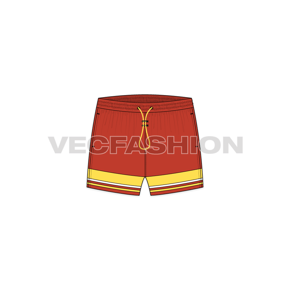 Mens beach shorts, striped hem flat sketch, front view