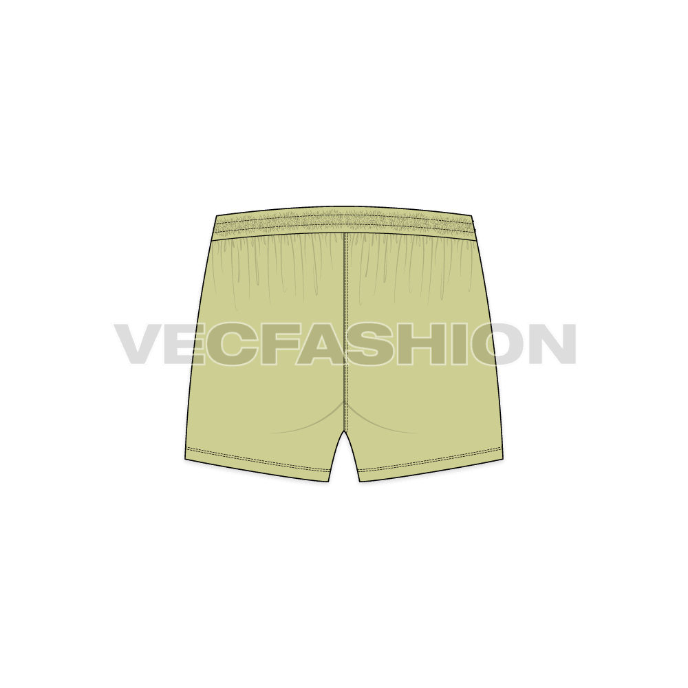 Mens beach shorts, drawstring waist flat sketch, back view