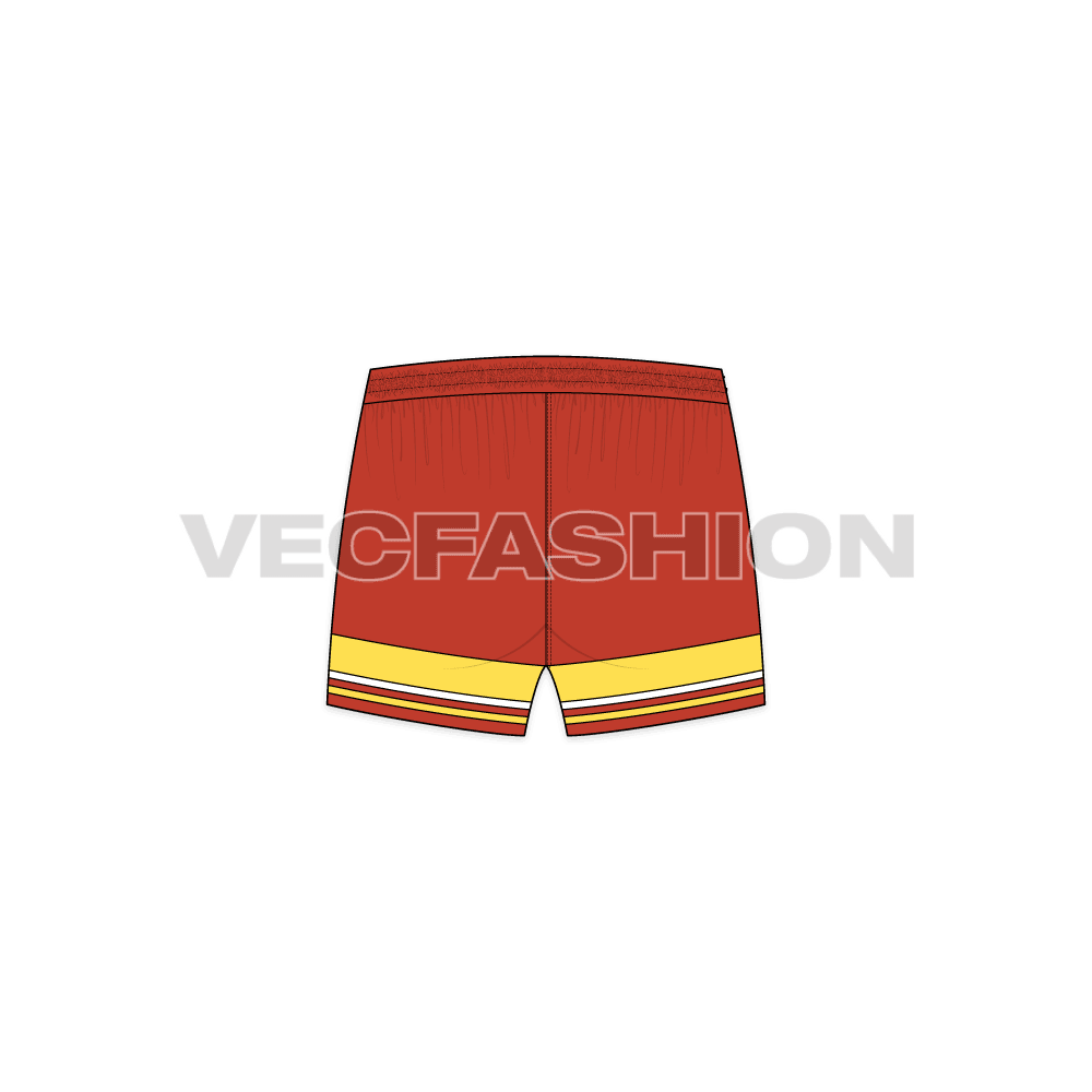 Mens beach shorts, striped hem flat sketch, back view
