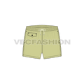 Mens beach shorts, drawstring waist flat sketch, front view