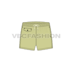 Mens beach shorts, drawstring waist flat sketch, front view