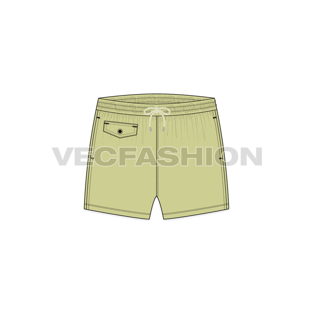 Mens beach shorts, drawstring waist flat sketch, front view