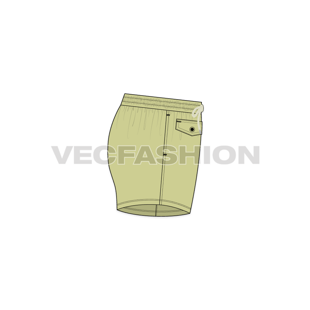Mens beach shorts, drawstring waist flat sketch, side view