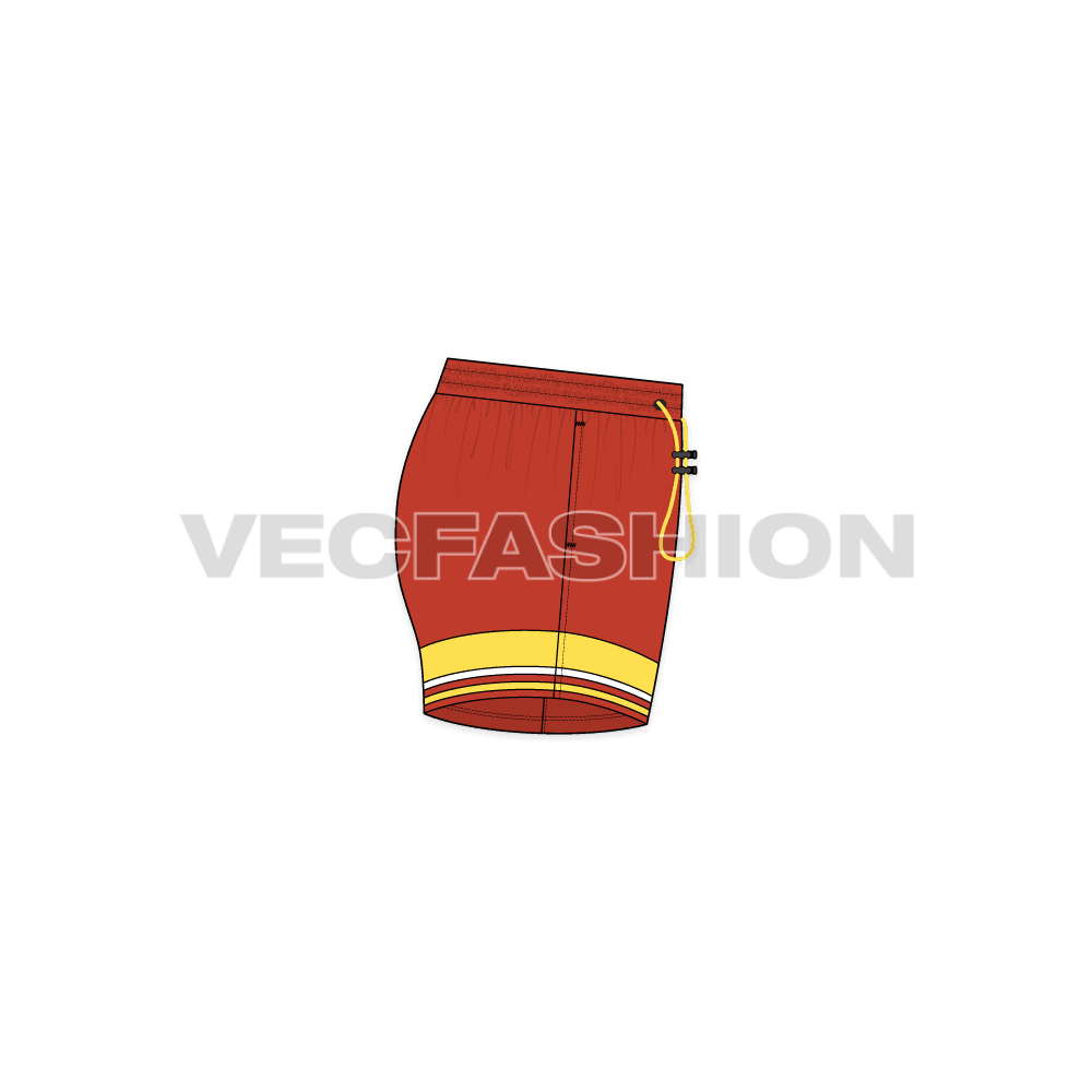 Mens beach shorts, striped hem flat sketch, side view