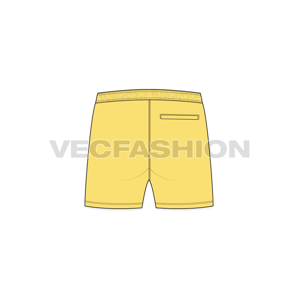Mens beachwear swim shorts flat sketch, back view