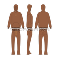 Mens bell shape bottom sweatsuit flat sketch, showing all views, front, side and back