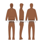 Mens bell shape bottom sweatsuit flat sketch, showing all views, front, side and back