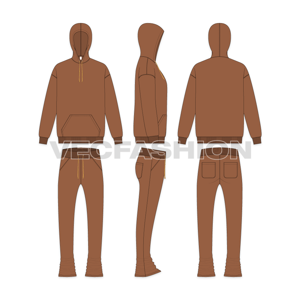 Mens bell shape bottom sweatsuit flat sketch, showing all views, front, side and back