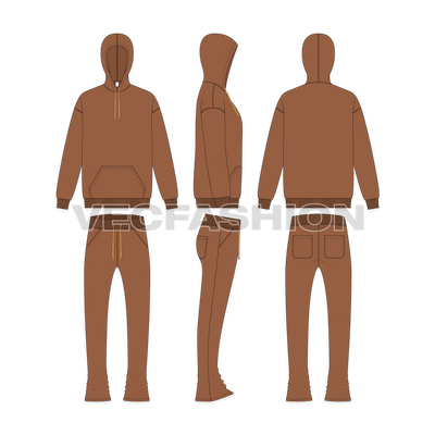 Mens bell shape bottom sweatsuit flat sketch, showing all views, front, side and back