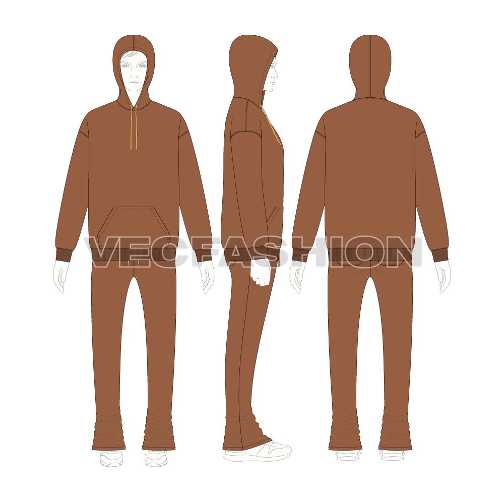 Mens bell shape bottom sweatsuit flat sketch, on croqui