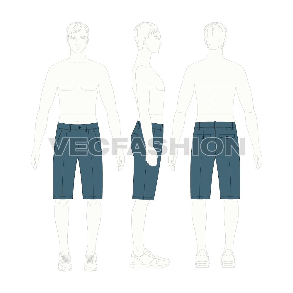 Mens bermuda cotton shorts flat sketch, croqui sketch