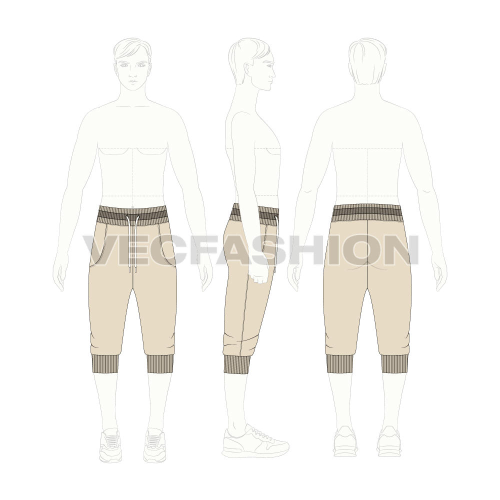 Mens bermuda joggers flat sketch, croqui sketch
