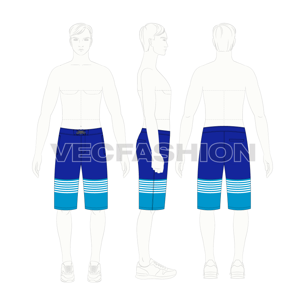 Mens bermuda length board shorts flat sketch, croqui sketch