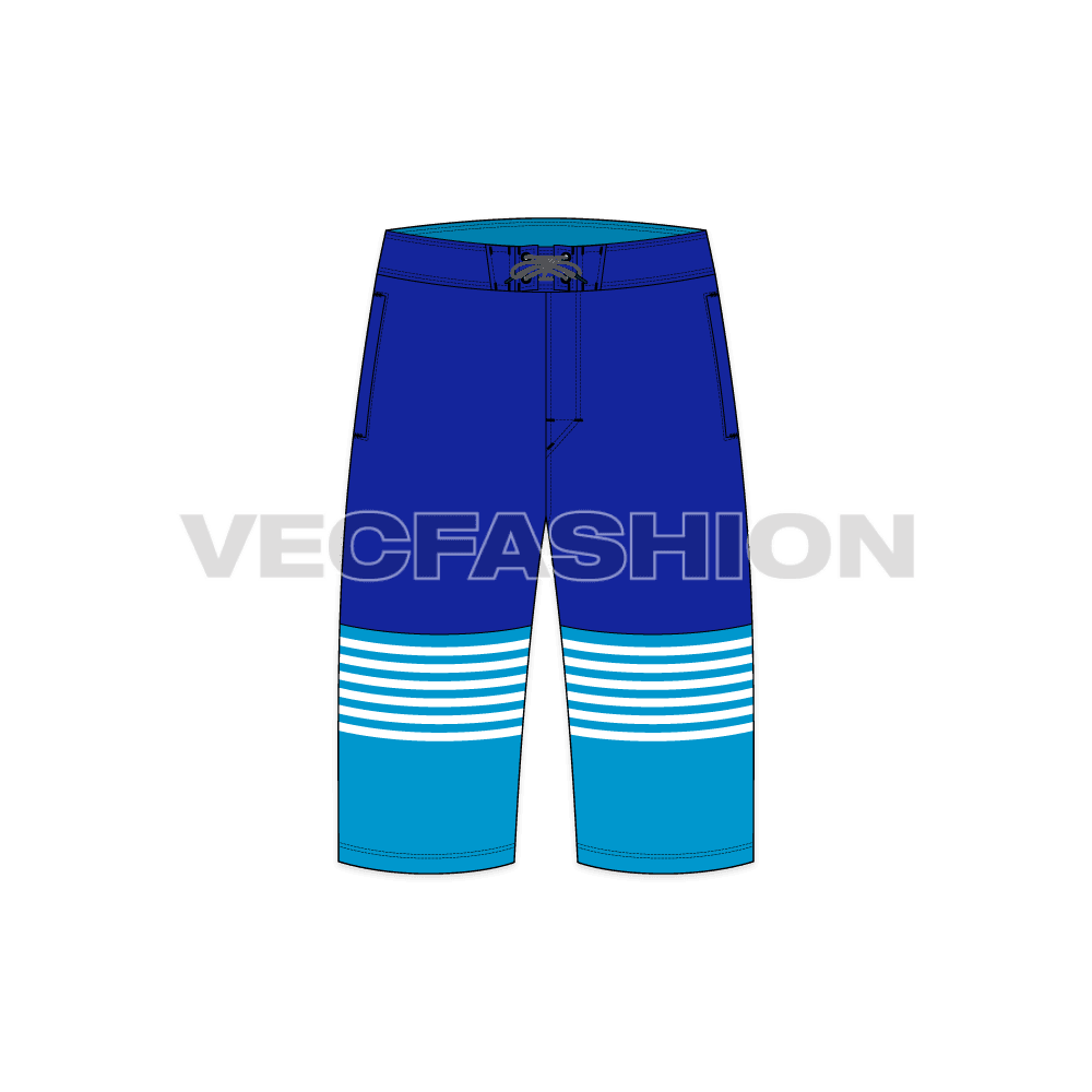 Mens bermuda length board shorts flat sketch, front view