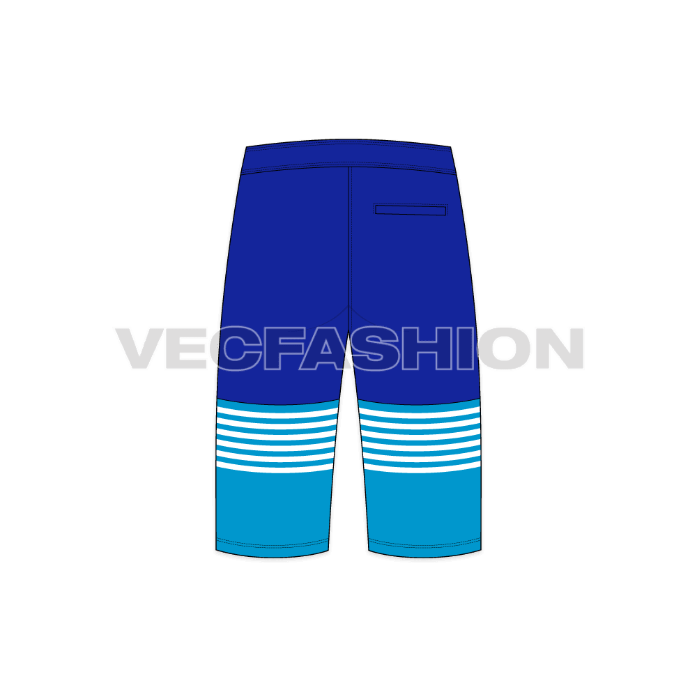 Mens bermuda length board shorts flat sketch, back view
