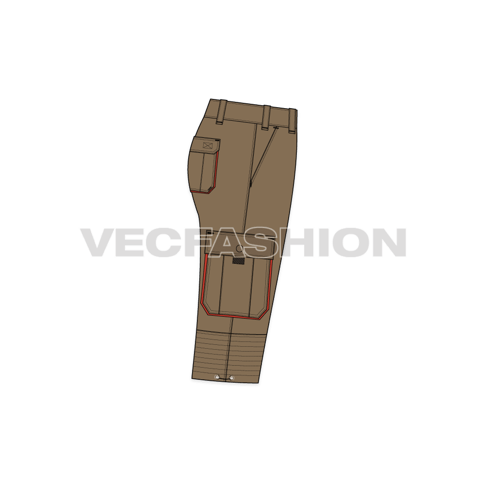 Mens bermuda length cargo shorts flat sketch, side view