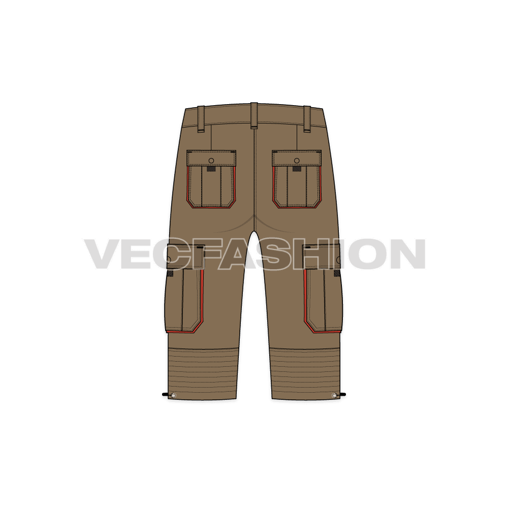 Mens bermuda length cargo shorts flat sketch, back view