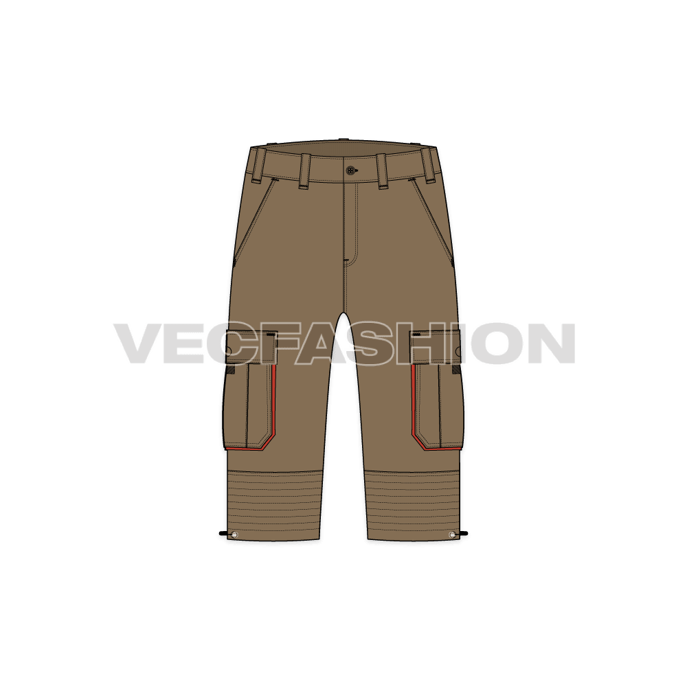Mens bermuda length cargo shorts flat sketch, front view