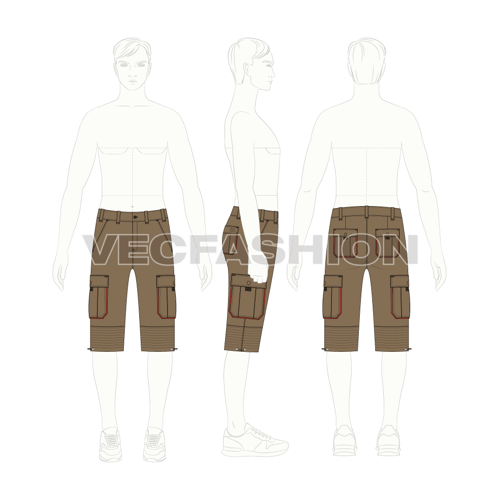 Mens bermuda length cargo shorts flat sketch, croqui sketch