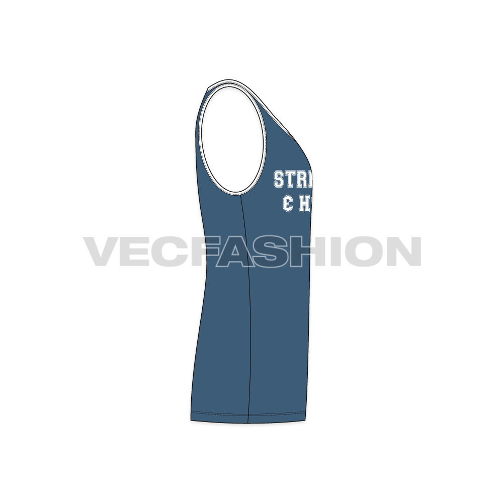 Mens big round neck tank flat sketch, side view
