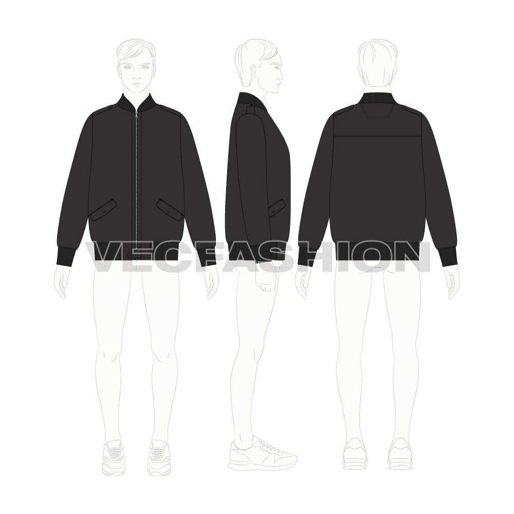Mens Black Bomber Jacket flat sketch, croqui sketch