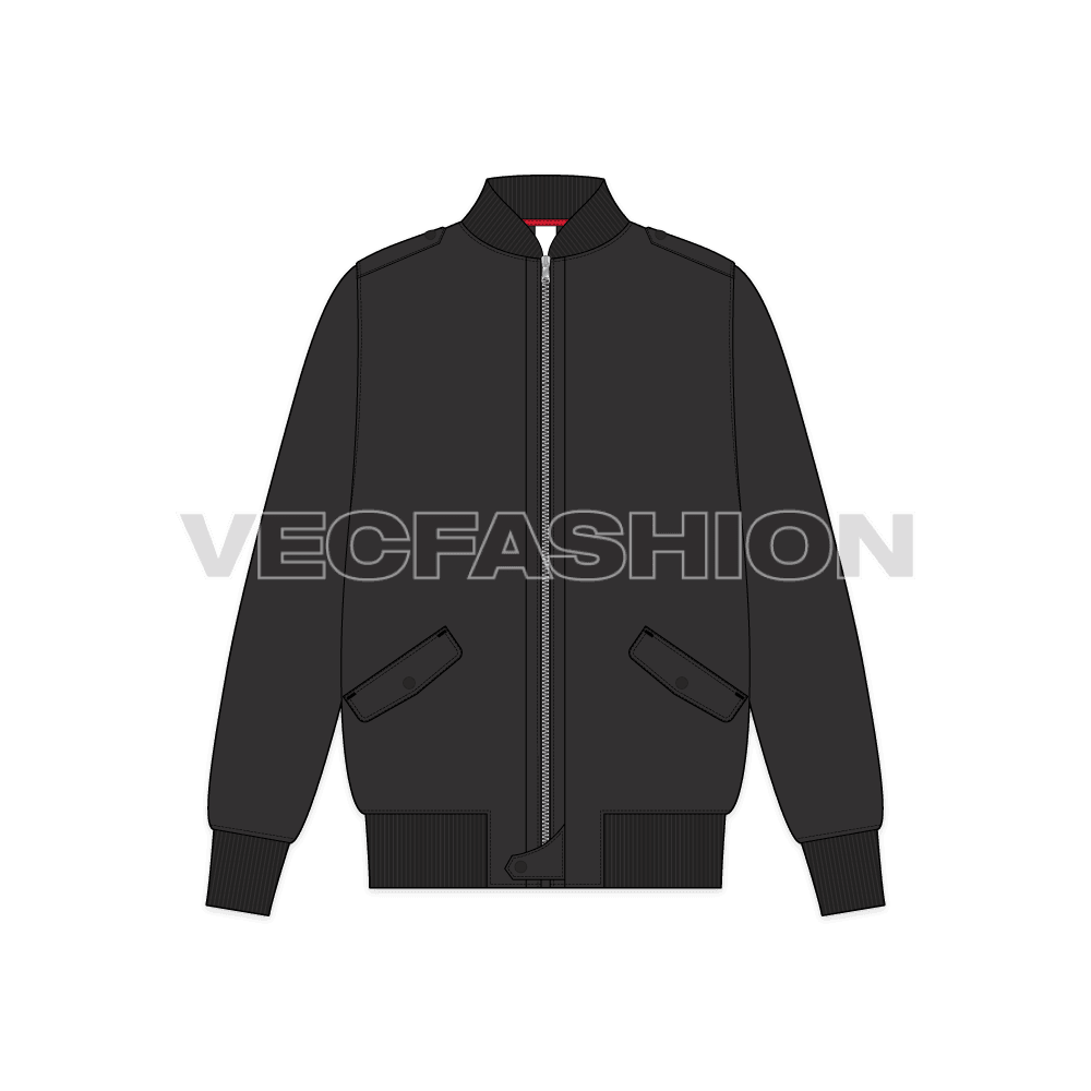 Mens Black Bomber Jacket flat sketch, front view