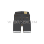 Mens black denim shorts flat sketch, back view
