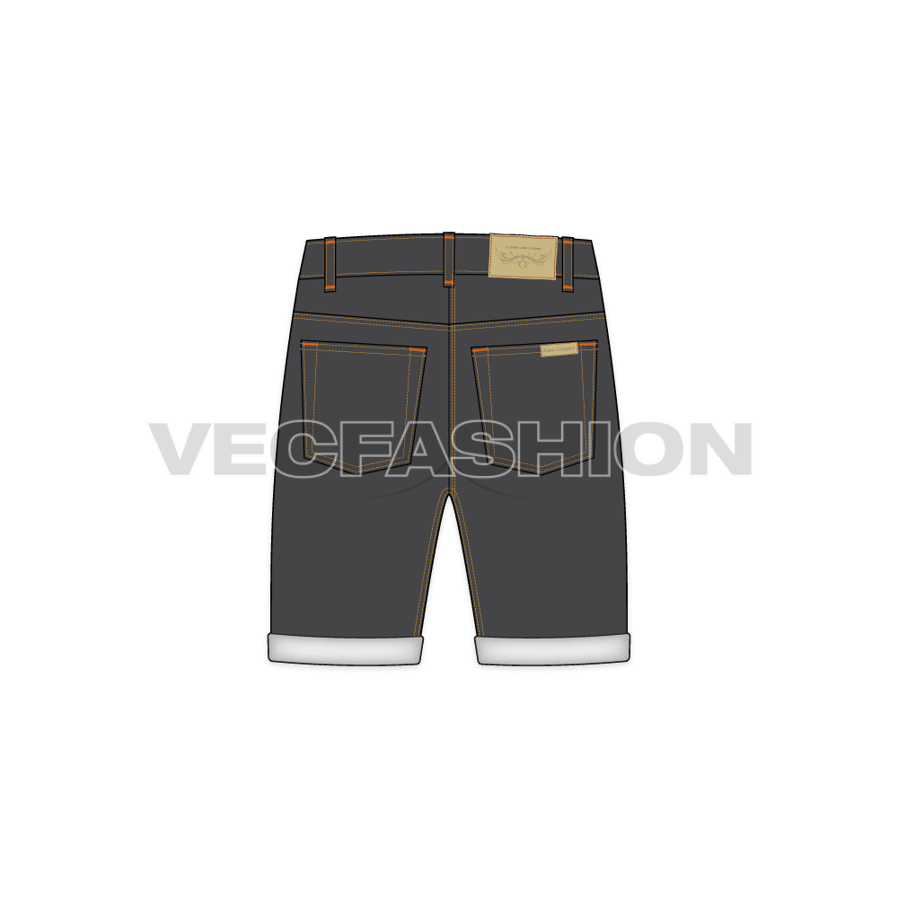 Mens black denim shorts flat sketch, back view