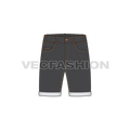 Mens black denim shorts flat sketch, front view