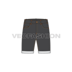 Mens black denim shorts flat sketch, front view