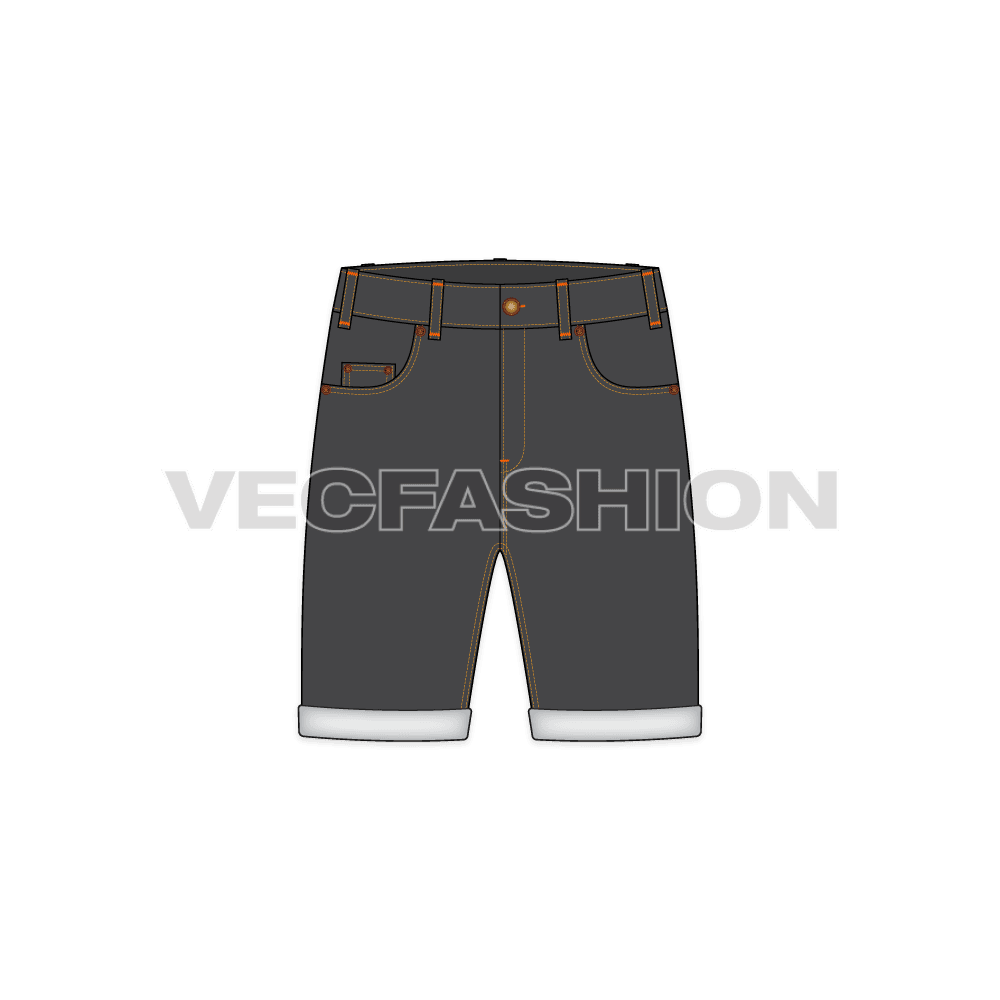 Mens black denim shorts flat sketch, front view