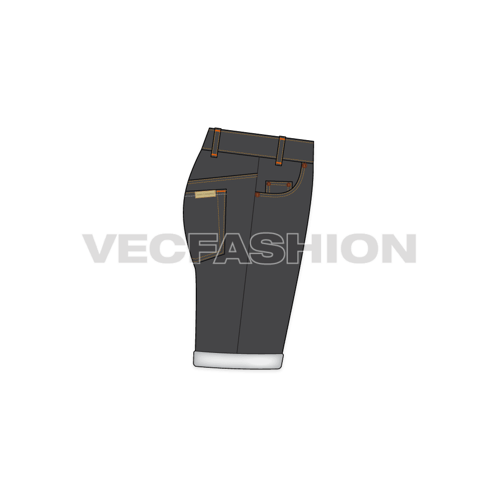 Mens black denim shorts flat sketch, side view