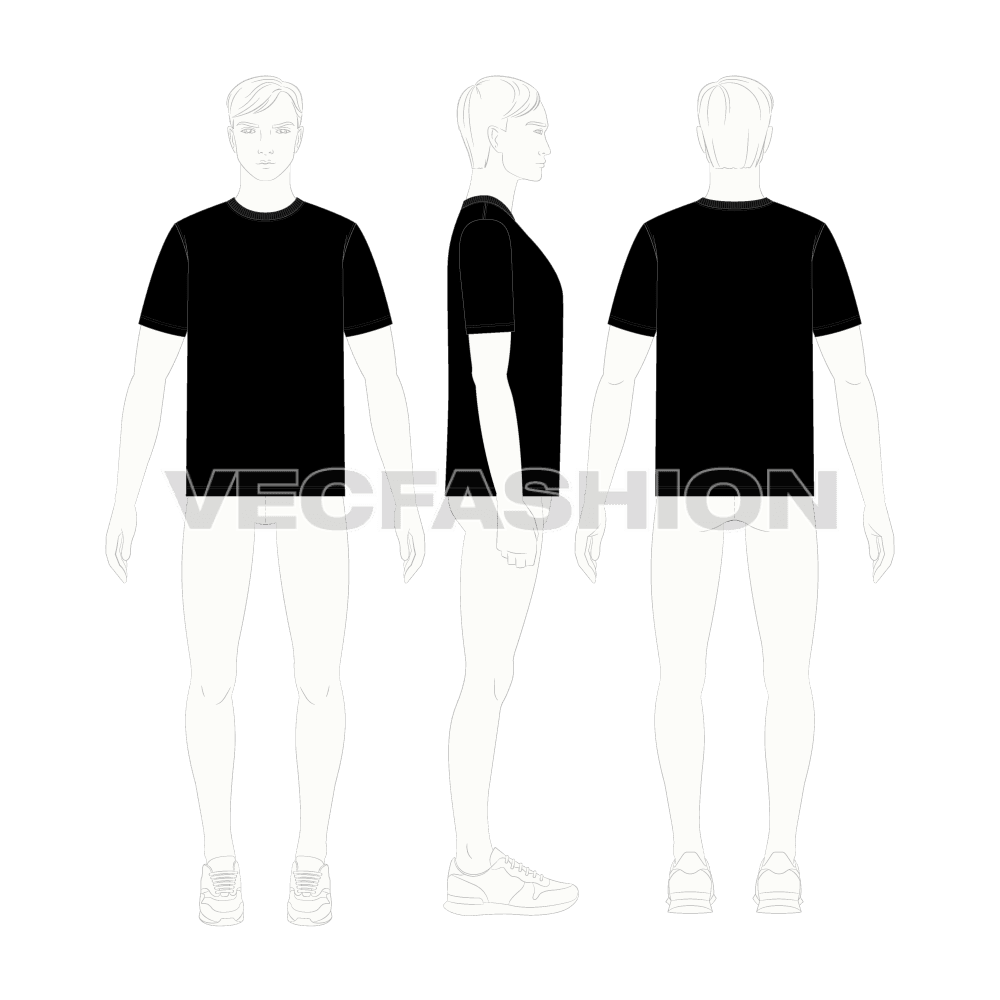 Mens black round neck t-shirt flat sketch, croqui sketch