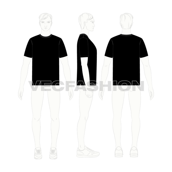 Black men's t-shirt template v-neck front and back side views