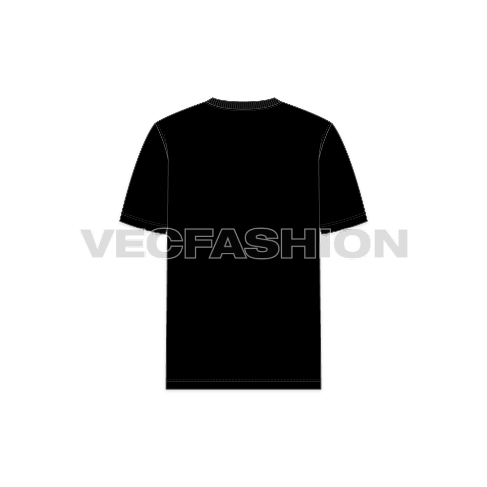 Mens black round neck t-shirt flat sketch, back view