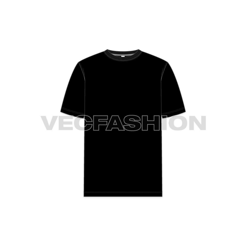 Mens black round neck t-shirt flat sketch, front view