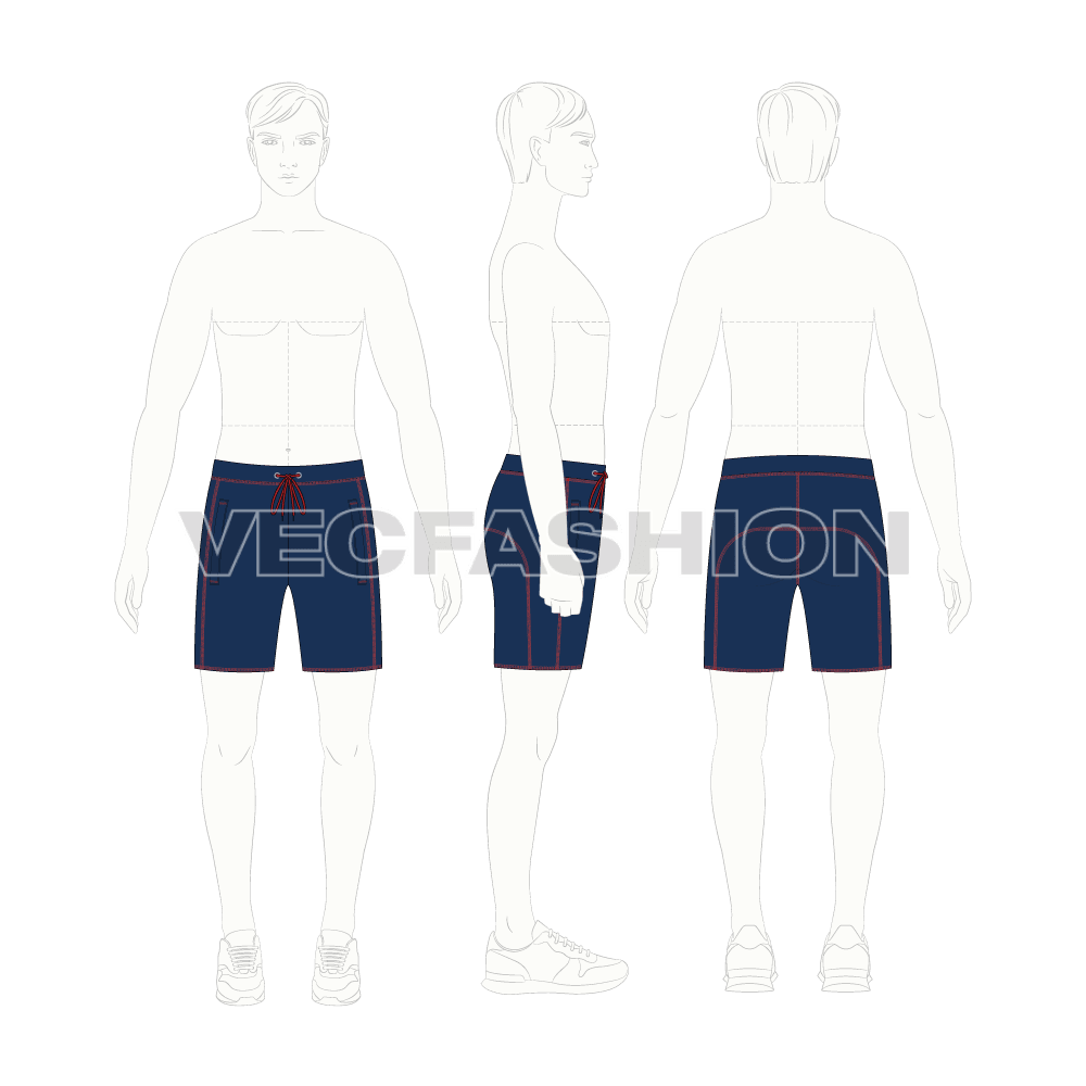 Mens blue sport sweat shorts flat sketch, croqui sketch
