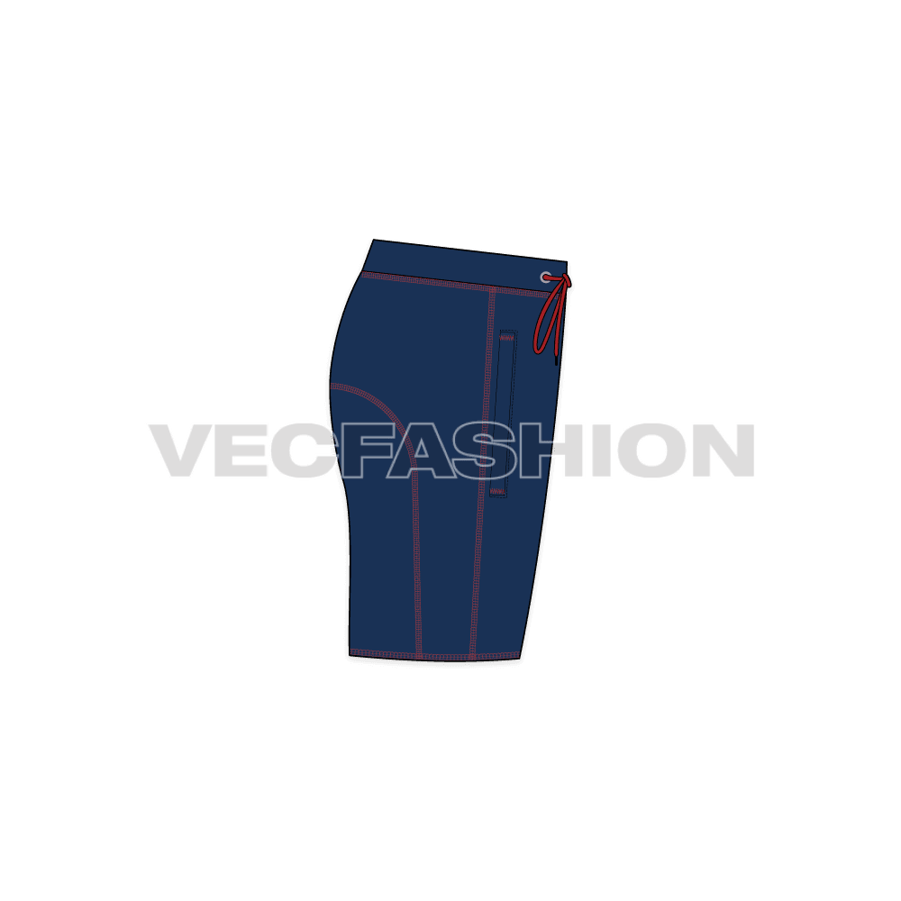 Mens blue sport sweat shorts flat sketch, side view