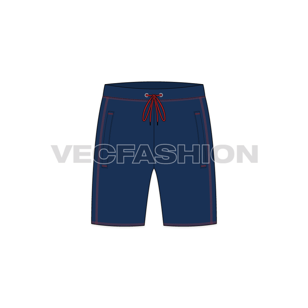 Mens blue sport sweat shorts flat sketch, front view