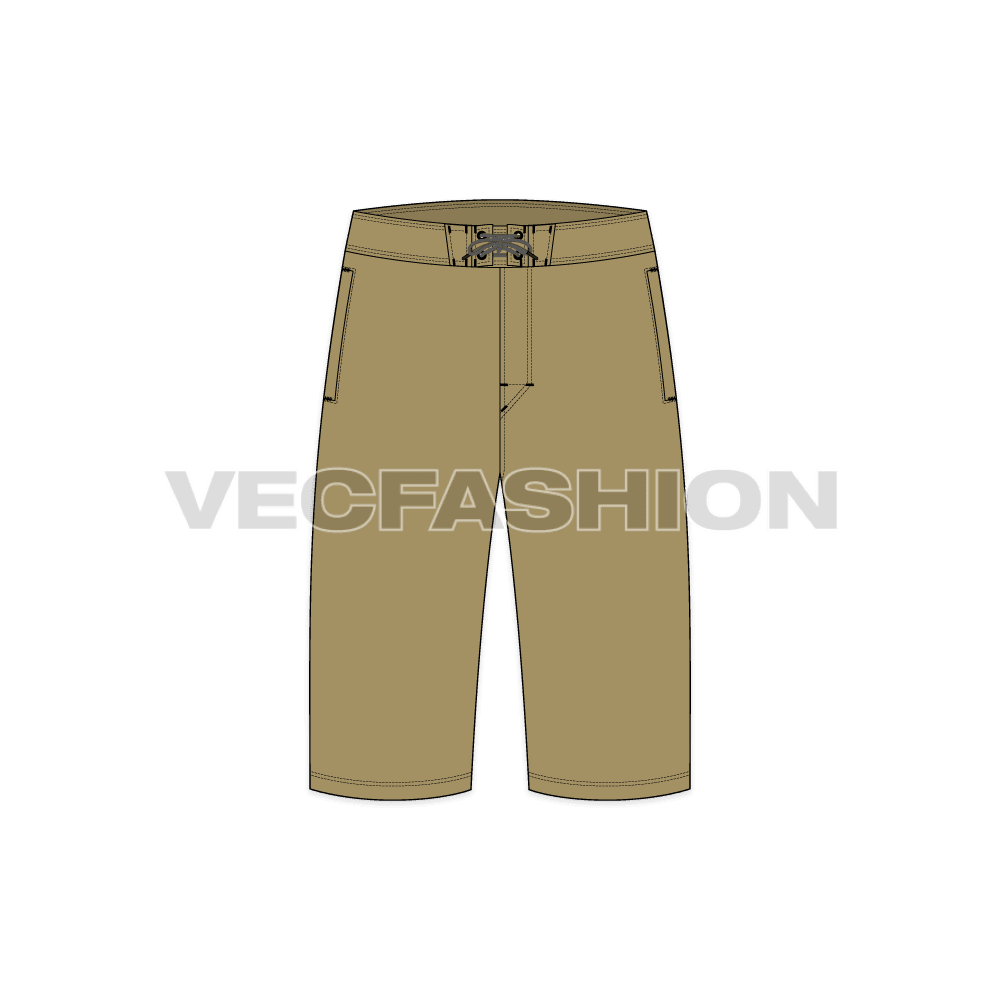 Mens board shorts flat sketch, front view