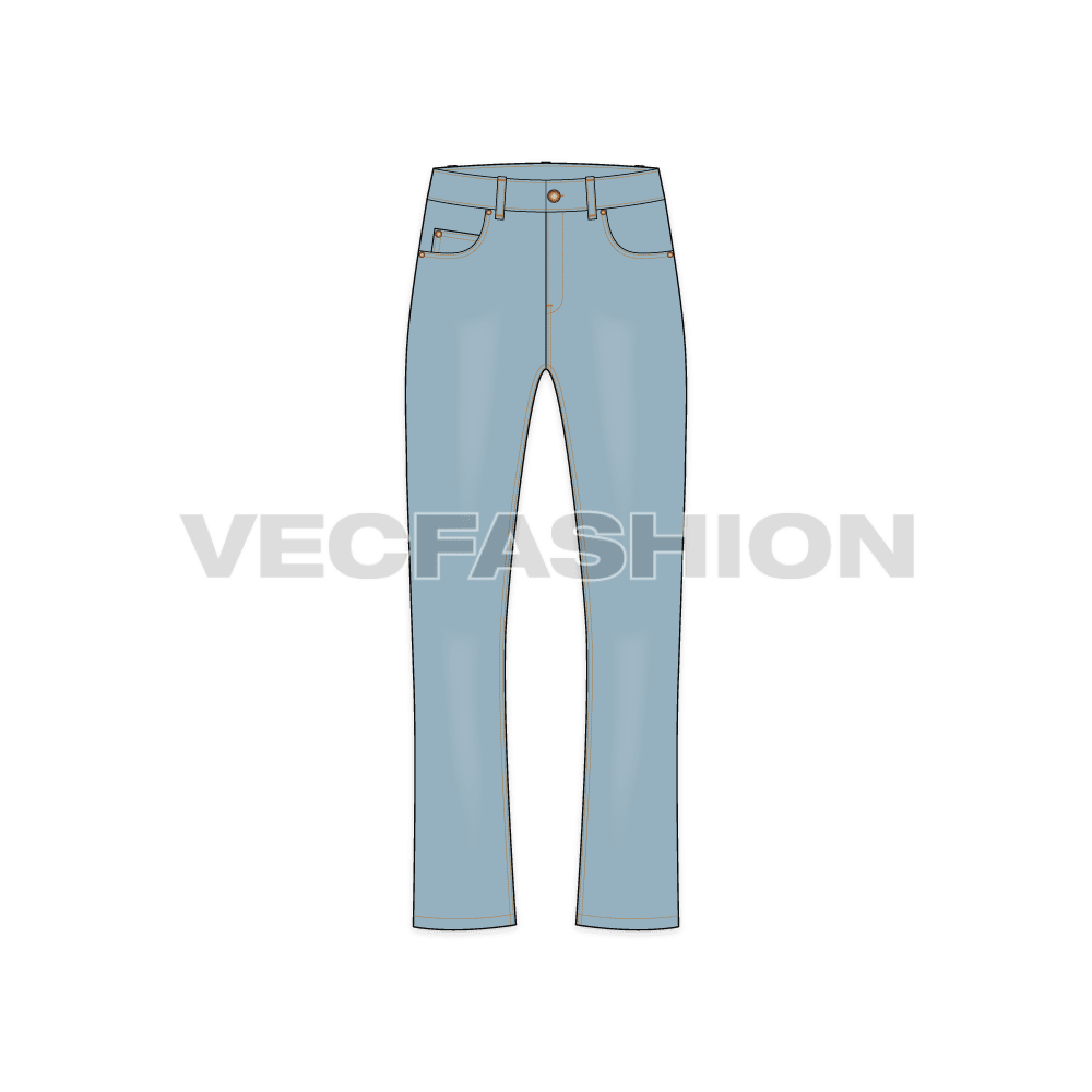 Mens boot cut denim jeans flat sketch, front view