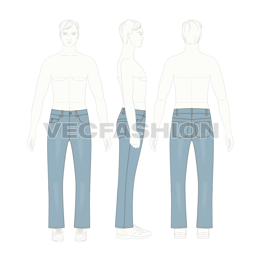 Mens boot cut denim jeans flat sketch, croqui sketch