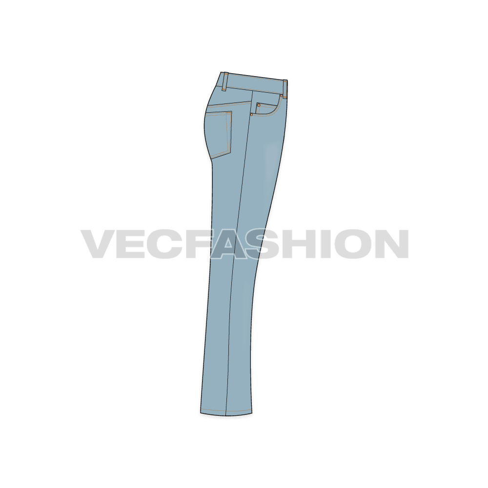 Mens boot cut denim jeans flat sketch, side view