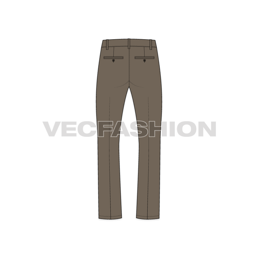 Mens boot leg cotton pants flat sketch, back view