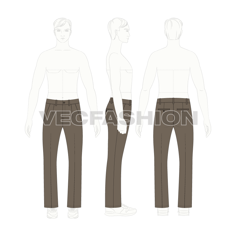 Mens boot leg cotton pants flat sketch, croqui sketch