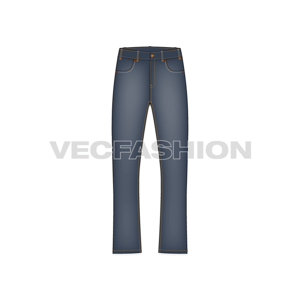 Mens bootleg denim jeans flat sketch, front view