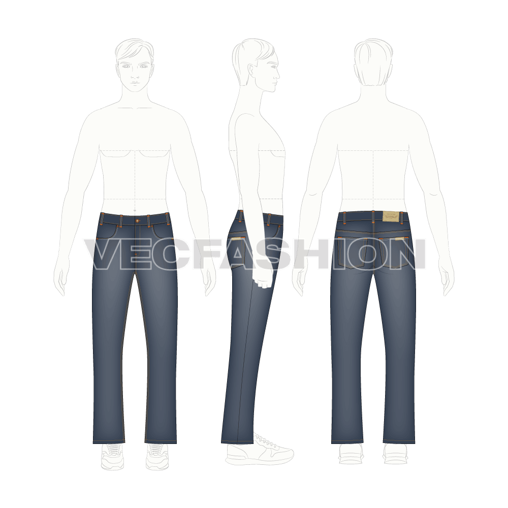 Mens bootleg denim jeans flat sketch, croqui sketch