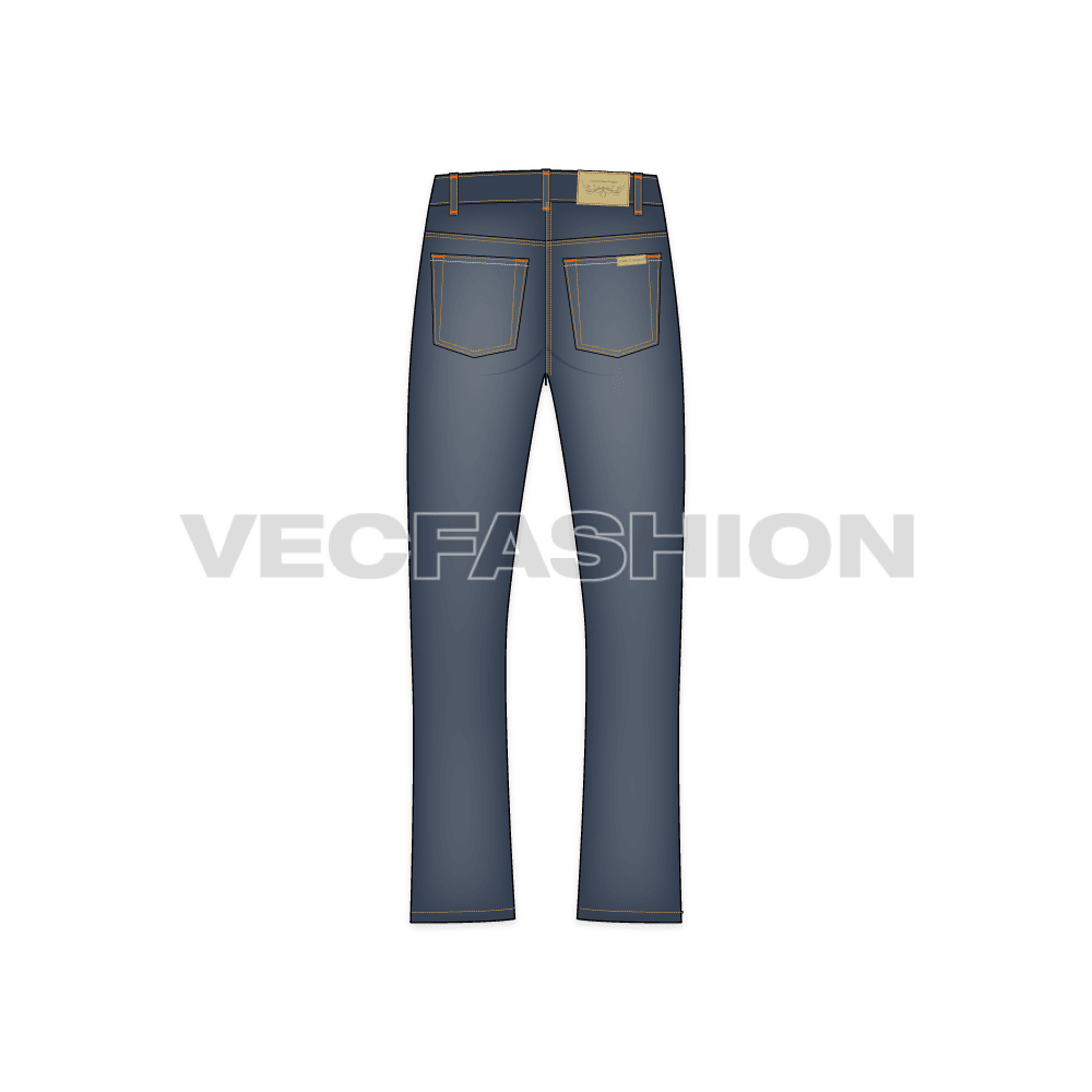 Mens bootleg denim jeans flat sketch, back view